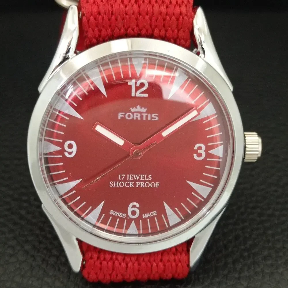 Vintage 1973 Fortis Manual Mens Silver Watch W/Nato Strap & Red accents